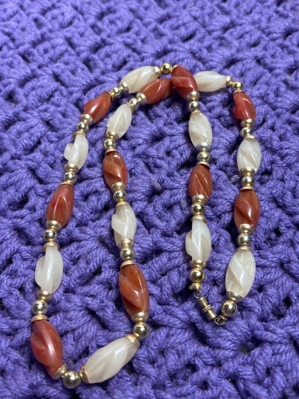 Vintage Orange White Plastic Beaded Necklace Goldtone Barrel Clasp 23 inches